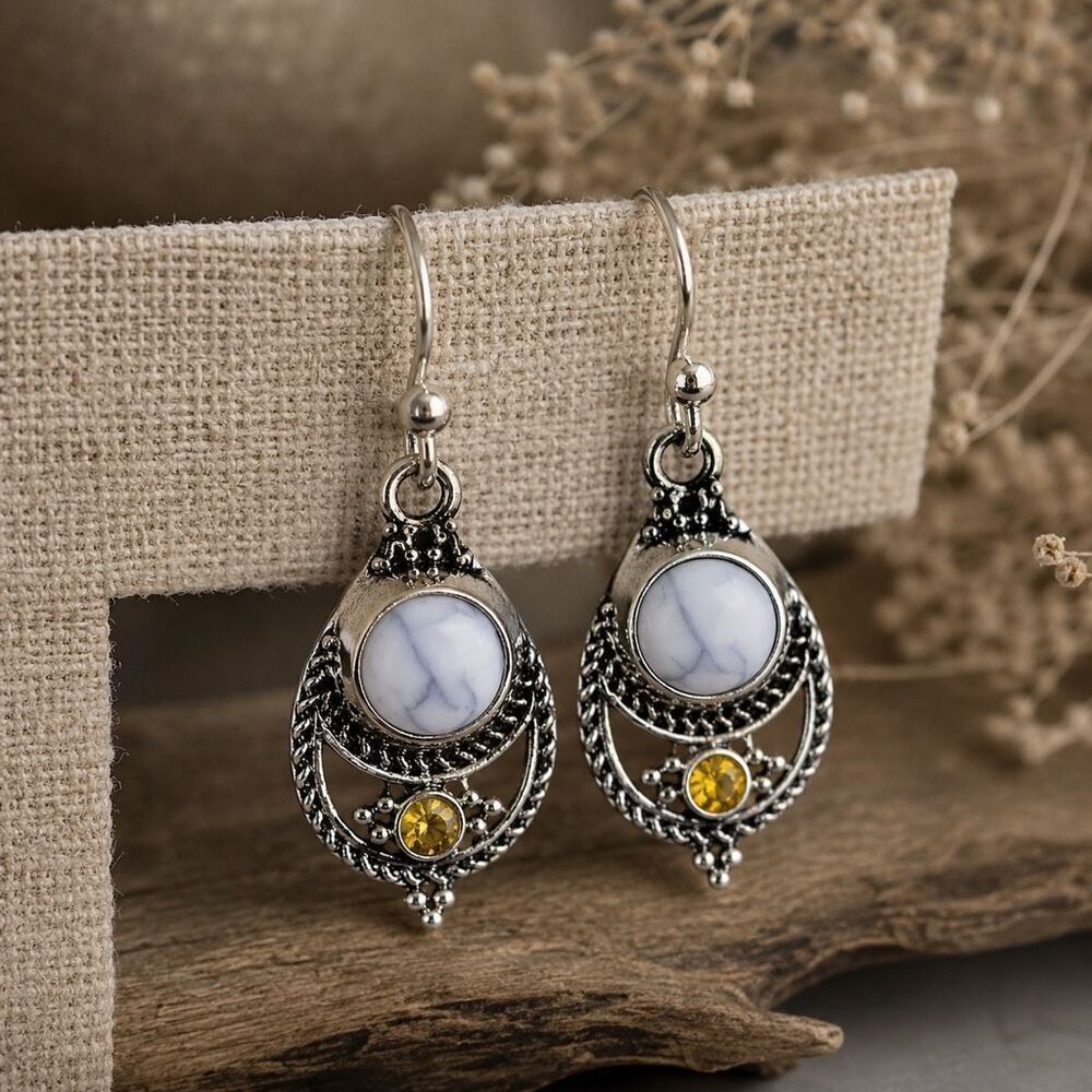 Men’s Balinese Style Blue Lace Agate & Citrine Drop Earrings